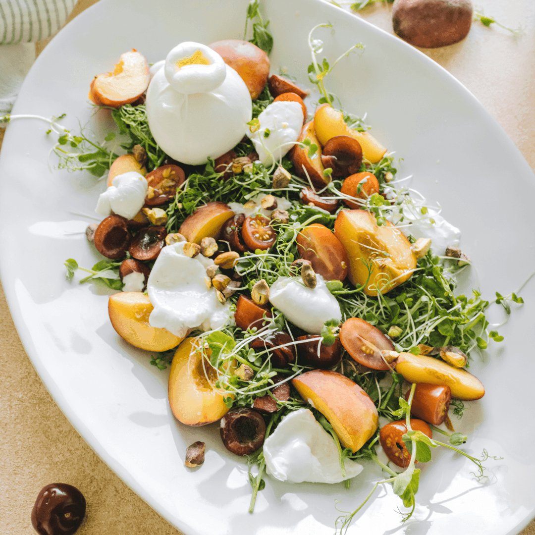 Summer Peaches, Cherries & Tomato Salad with Buffalo Burrata